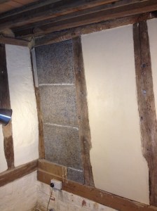 On left, old limewashed wattle and daub, centre Savalit boards ready for plastering, right, after plastering.