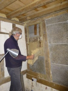 Boards were cut in short sections across their length (easier to fit, reduces wastage) and hemp put behind