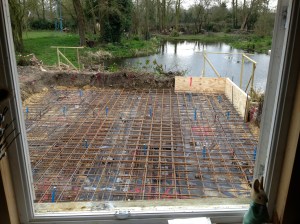Steelwork for the raft in place, ready for the concrete.