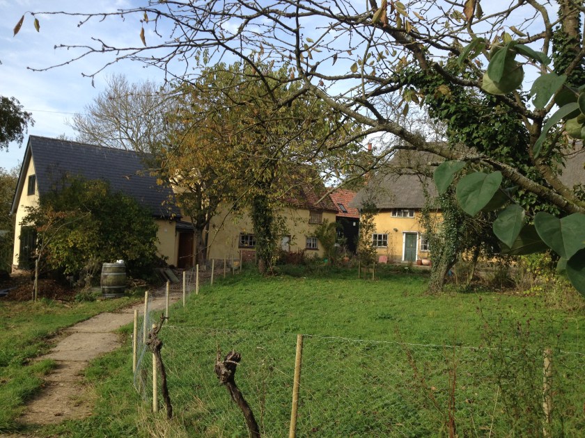 Our home on the left, the ancient farmhouse to the right.